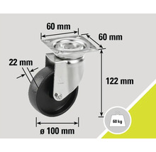 Lenkrolle mit den Maßen 60 mm x 60 mm x 122 mm und einer Traglast von 60 kg