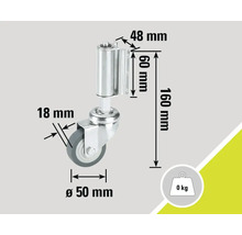Möbelrolle mit den Maßen 50 Millimeter Durchmesser, 18 Millimeter Breite und 0 Kilogramm Traglast
