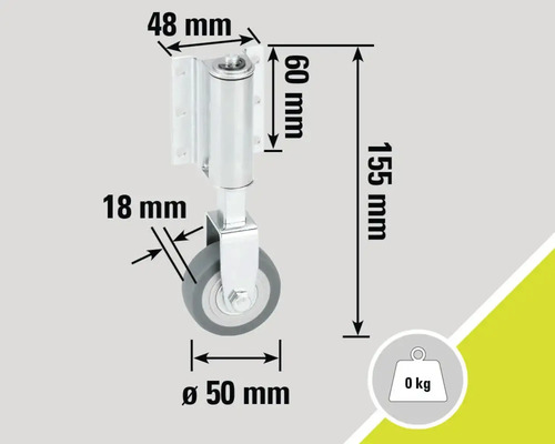 Abbildung eines Möbelrollers mit den Maßangaben 48 mm, 60 mm, 155 mm, 18 mm und Durchmesser 50 mm.