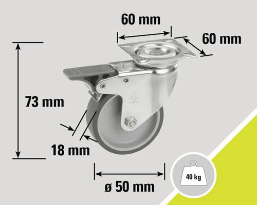 Lenkrolle mit Feststeller und den Maßen 60 x 60 Millimeter, 73 Millimeter Höhe und 50 Millimeter Durchmesser, Traglast 40 Kilogramm