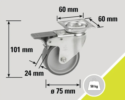Lenkrolle mit Feststeller, 75 mm Raddurchmesser, 50 kg Tragkraft