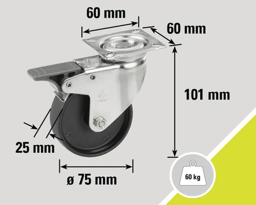 Lenkrolle mit Bremse, Abmessungen: 75 mm Durchmesser, 101 mm Höhe, Traglast: 60 kg