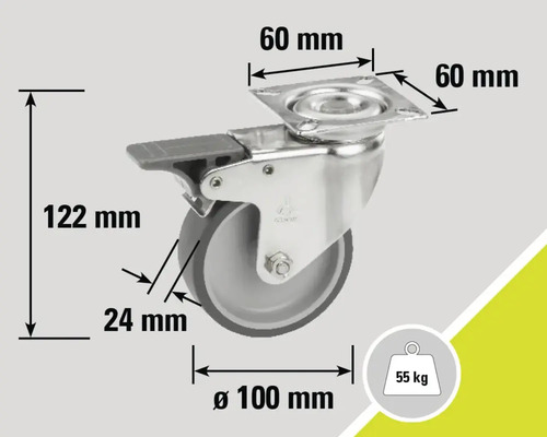 Lenkrolle mit Feststeller und den Maßangaben 122 mm Höhe, 100 mm Raddurchmesser und 55 kg Traglast
