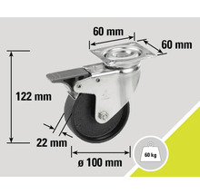 "Lenkrolle mit Feststeller und den Maßangaben 60 mm x 60 mm (Montageplatte), 122 mm (Höhe), 22 mm (Radbreite) und 100 mm (Raddurchmesser)