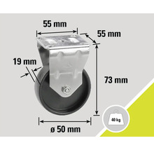 Lenkrolle mit den Massen 55 mm mal 55 mm, 73 mm hoch, Raddurchmesser 50 mm, Radstärke 19 mm, Traglast 40 Kilogramm