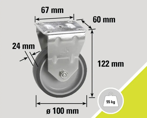 Rolle mit den Maßen 67 mm x 60 mm, Höhe 122 mm, Raddurchmesser 100 mm und Tragfähigkeit 55 kg