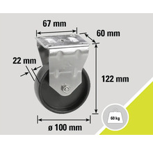 Rolle mit den Maßen 67 mm x 60 mm, Raddurchmesser 100 mm, Bauhöhe 122 mm, Radbreite 22 mm, Traglast 60 kg