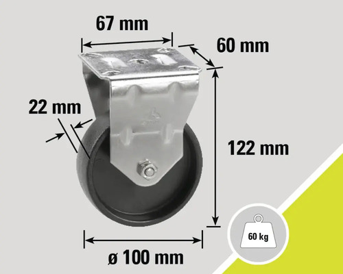 Rolle mit den Maßen 67 mm x 60 mm, Raddurchmesser 100 mm, Bauhöhe 122 mm, Radbreite 22 mm, Traglast 60 kg