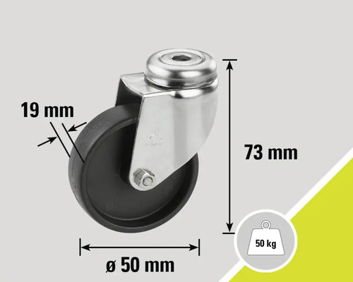 Lenkrolle mit den Maßen 50 mm Durchmesser, 19 mm Breite und 73 mm Höhe, Traglast 50 kg