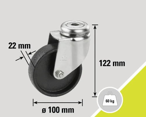Lenkrolle mit den Maßen 122 mm Höhe, 100 mm Durchmesser und 22 mm Breite, Traglast 60 kg