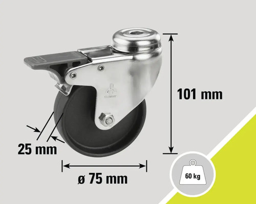 Möbelrolle mit Feststeller, 75 Millimeter Raddurchmesser und 60 Kilogramm Traglast