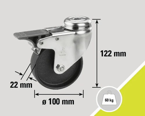 Lenkrolle mit Feststeller, Durchmesser 100 Millimeter, Traglast 60 Kilogramm