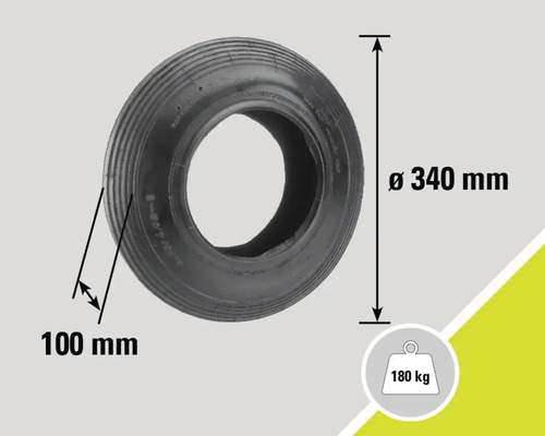 Rad mit den Massen 340 Millimeter Durchmesser, 100 Millimeter Reifenbreite und einer Traglast von 180 Kilogramm