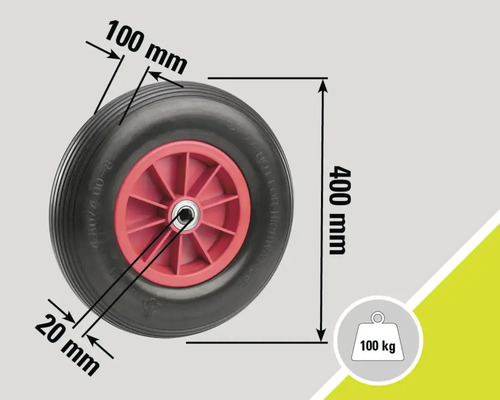 Rad mit einer Größe von 400 mm, einer Breite von 100 mm und einer Achsbohrung von 20 mm. Maximale Belastbarkeit 100 kg.