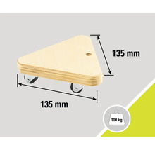 Dreieckiger Möbelroller aus Holz mit einer maximalen Belastbarkeit von 100 Kilogramm und einer Kantenlänge von 135 Millimetern