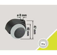 Möbelrolle mit den Massangaben 47 mm Höhe, 40 mm Rollendurchmesser und 8 mm Bohrlochdurchmesser. Maximale Traglast 30 kg.