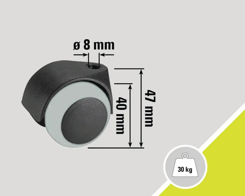 Möbelrolle mit den Massangaben 47 mm Höhe, 40 mm Rollendurchmesser und 8 mm Bohrlochdurchmesser. Maximale Traglast 30 kg.