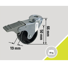 Möbelrolle mit Bremse, Abmessungen 66 x 19 Millimeter, Traglast 35 Kilogramm