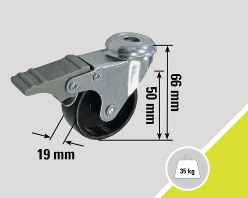 Möbelrolle mit Bremse, Abmessungen 66 x 19 Millimeter, Traglast 35 Kilogramm