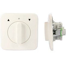 Zwei Ansichten eines weißen Dimmers für elektrische Rolläden.