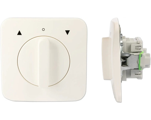 Zwei Ansichten eines weißen Dimmers für elektrische Rolläden.