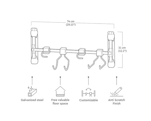 Wandgarderobe aus verzinktem Stahl, 74 x 31 cm, mit Kratzschutz und variablen Haken zur Nutzung des Bodenbereichs