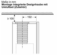 Maßzeichnung zur Montage einer integrierten Designhaube mit Umluftset. Maße in Millimeter: mindestens 100 zur Decke und 192 Millimeter.