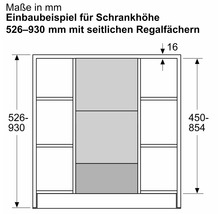 Einbaubeispiel für Schrankhöhe mit seitlichen Regalfächern und Maßangaben in Millimeter