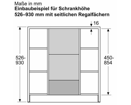 Einbaubeispiel für Schrankhöhe mit seitlichen Regalfächern und Maßangaben in Millimeter