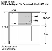Einbaubeispiel für eine Schrankhöhe ab 559 Millimeter, mit Maßangaben in Millimeter, Darstellung von Außen- und Innenkanal.