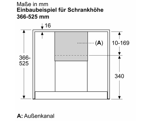 Einbaubeispiel für Schrankhöhe mit Maßangaben in Millimeter