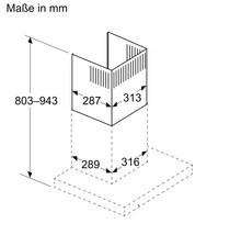 Maßzeichnung eines Dunstabzugshaubenschachts in Millimeter: Höhe 803 bis 943, Breite 287 bis 289, Tiefe 313 bis 316.