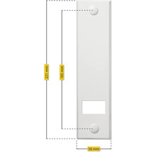 Abmessungen eines Briefkastenschlosses: 221 Millimeter Höhe, 185 Millimeter Lochabstand und 56 Millimeter Breite