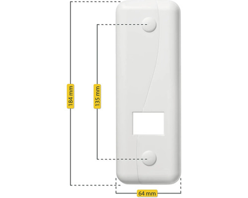 Abmessungen einer Gehäuseabdeckung: 184 mm hoch und 64 mm breit.