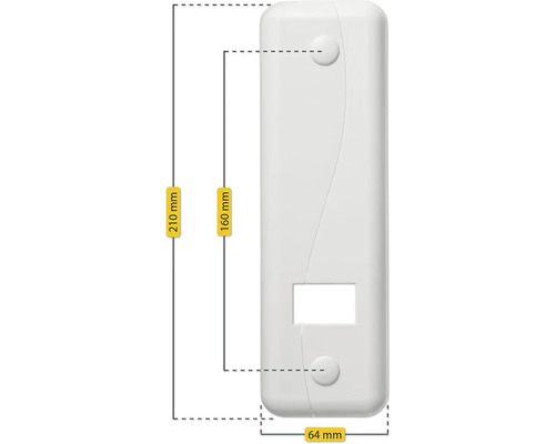 Abbildung einer weißen Gehäuseabdeckung mit den Maßen 210 mal 64 Millimeter.