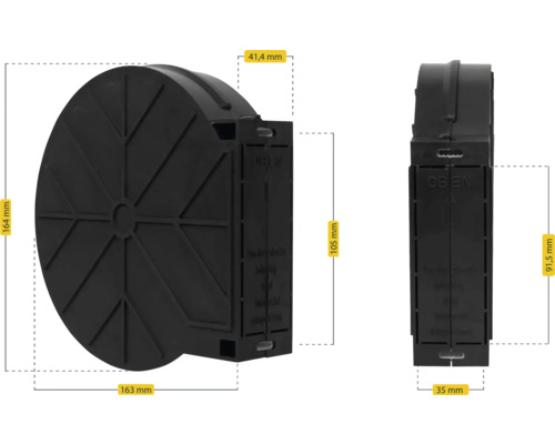 Schlauchtrommel aus Kunststoff, Abmessungen 164 x 163 x 41,4 mm