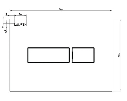 Technische Zeichnung einer Betätigungsplatte mit den Maßen 204 x 145 Millimeter und dem Laufen Logo