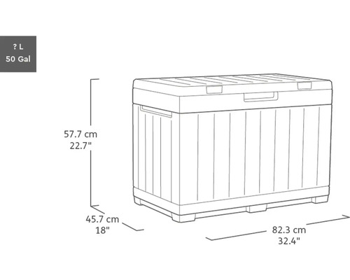 Abbildung einer Aufbewahrungsbox mit den Maßen 57,7 cm Höhe, 82,3 cm Breite und 45,7 cm Tiefe.