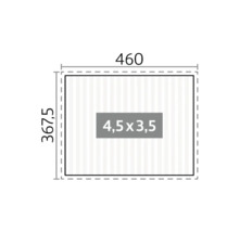 Illustration mit Maßangaben: Breite 460 cm, Tiefe 367,5 cm, Innenmaß 4,5 x 3,5 cm