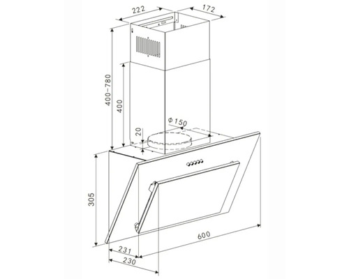 Technische Zeichnung einer Dunstabzugshaube mit Bemaßung