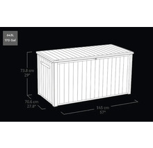 Illustration einer Gartenbox mit den Maßen 73,8 cm Höhe, 70,6 cm Tiefe und 145 cm Breite.