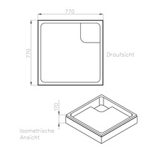 Technische Zeichnung einer Duschwanne mit den Maßen 770 mal 770 Millimeter und einer Höhe von 170 Millimeter.
