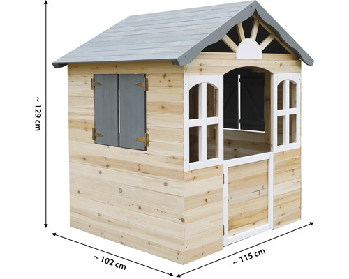 Holzspielhaus mit Fensterläden und den Maßen Höhe circa 129 cm, Breite circa 102 cm und Länge circa 115 cm.