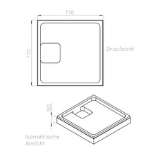 Technische Zeichnung einer Duschwanne mit den Maßen 770 x 770 mm und einer Höhe von 150 mm.