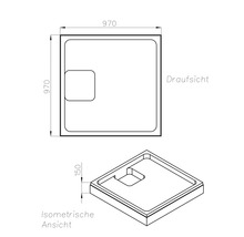 Technische Zeichnung einer Duschwanne mit den Maßen 970 mal 970 mal 150 Millimeter.
