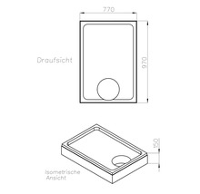 Technische Zeichnung einer Duschwanne mit Maßen 770 x 970 x 150 Millimeter in Aufsicht und isometrischer Ansicht
