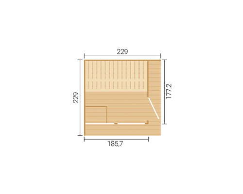 Grundriss einer Sauna aus Holz mit Maßangaben 229 mal 229 Zentimeter.