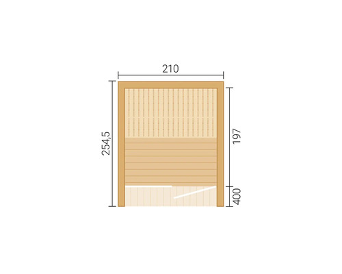 Technische Zeichnung eines Holzelements mit den Maßen 210, 254,5, 197 und 400.