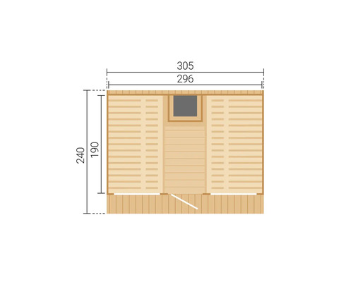Grundrisszeichnung eines Gartenhauses mit Maßangaben in Zentimeter: Breite 305 und 296, Tiefe 240 und 190.