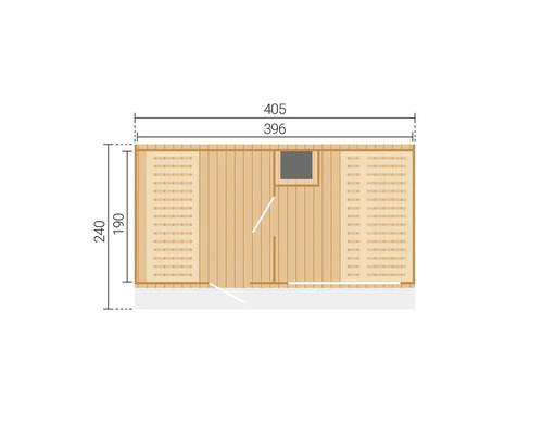 Maßzeichnung eines Gartenhauses aus Holz mit den Außenmaßen 405 mal 240 Zentimeter.